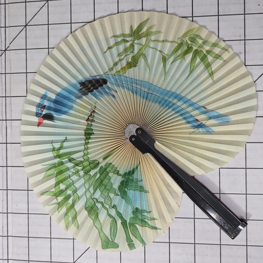 Chinese Paper Folding Hand Fan W/Metal Handle, Vintage Mid-Century, 19 of 25